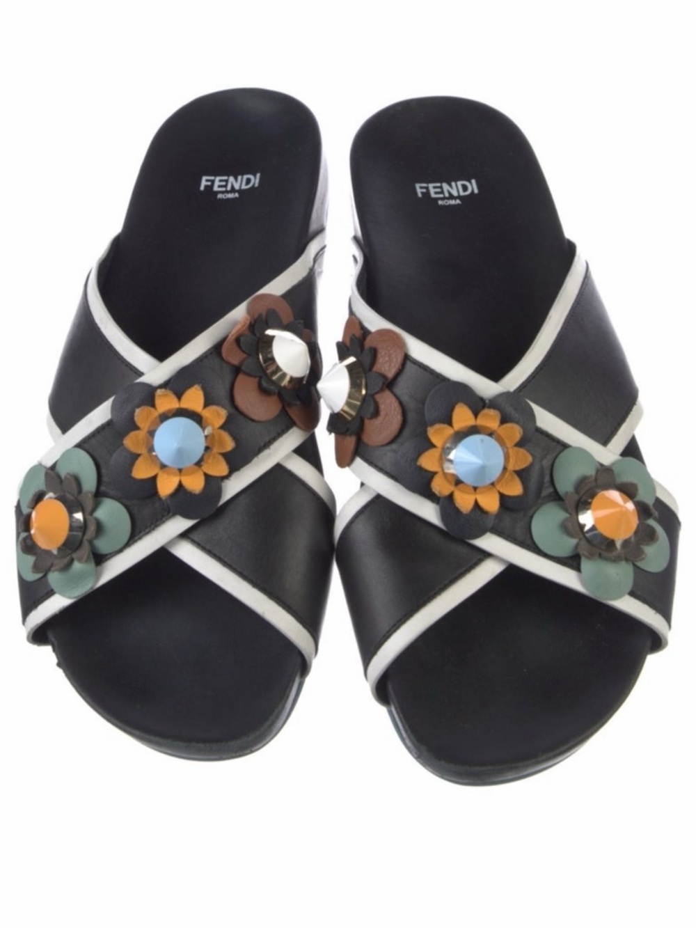 Fendi Black Leather Crossband Slide Sandals with Multi-Color Floral Accents
